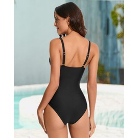 Smismivo Tummy Control Swimsuits One Piece Bathing Suit for Women Slimming Ruched Push Up Padded Vintage Retro Full Coverage V Neck Design for Swimming Pool Beach Party Tropical Vacations (Black)