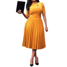 VERWIN Women's Short Sleeve Maxi Dress with Round Neck, Pleated Dress with Smooth Belt, yellow