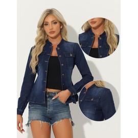 Allegra K Casual Denim Jacket for Women's Classic Stand Collar Long Sleeve Jean Jacket Medium Dark Blue