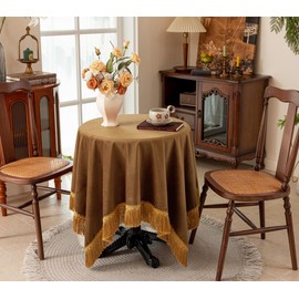 F-CHU Luxury Camel Tablecloth Thickset Velvet Tablecloth with Beautiful Gold Tassels Vintage Table Cloth for Home Decor Wedding, Party, Banquet and Events 60x60-Inch