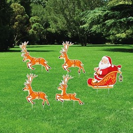 Santa and Sleigh Christmas Yard Sign Cutouts - Xmas Santa Claus, Reindeer, Vintage Holiday Winter Lawn Decorations Outdoor with Metal Stakes, VP3739