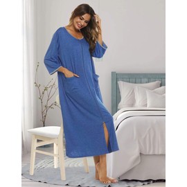 Bloggerlove - Batas largas con cierre frontal para mujer, chamarra de media manga, camisón largo con bolsillos, S-XXL, Azul solido, S