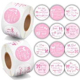 BeYumi Coquette Bows Christian Sticker - 500Pcs Pink Bows Bible Verse Stickers in 2 Rolls Waterproof Scripture Inspirational Decal Religious Faith Tags for Gift Laptop Bottle Scrapbook Envelope Decor