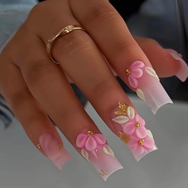 RUOKEXIN Pink Press on Nails Square Fake Nails Ombre False Nails with Gold Butterfly Charms Designs Long Nail Press ons Sparkly Artificial Nails Cute Glue on Nails for Women 24Pcs