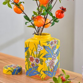 Sungmor Decorative Ceramic Ginger Jar with Lid, Square Ceramic Storage Jar Tea Canister, 8.2" Hand Painted Floral Pattern Porcelain Vase for Table Centerpiece, Yellow Glazed Ginger Jar for Home Decor