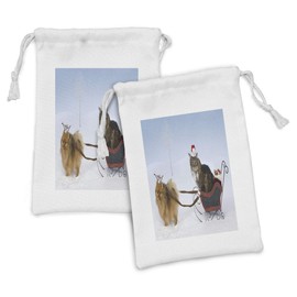 Lunarable Pomeranian Fabric Pouch Set of 2, Dog Wearing Antlers Pulls a Sleigh with Ornate Boxes Driven by Cat in Santa Hat, Small Drawstring Bag for Toiletries Masks and Favors, 9" x 6", Multicolor