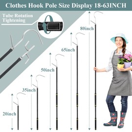 Frebuta Heavy Duty Clothes Hook Pole for Turck,32 to 80In Retail Clothing Hook Pole Long Handle with 2 Hooks Hanging Birdfeeder Frosted Tube Extension Pole to Reach High Hangers