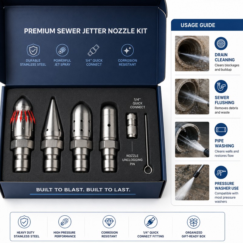 Sewer Jetter Nozzle Kit for Pressure Washer Use – Stainless
