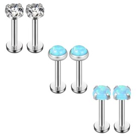 Ruifan 4mm Blue Opal & Clear CZ Internally Threaded Stainless Steel Labret Monroe Lip Ring Tragus Helix Earring Stud 16G 1/4" 6mm 6PCS