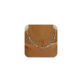 Eaciy Boho Bead Natural Stone Necklace for Women - Boho Colorful Bead Choker Necklace Heart Pearl Star Necklaces Waterproof Jewelry Summer Beach Choker Necklaces for Women Girls Gifts, Brass, No