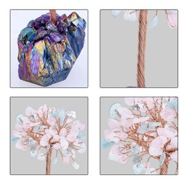 SUNYIK Natural Rose Quartz/Aquamarine Money Tree, Rainbow Aura Titanium Crystal Cluster Base Bonsai Sculpture Figurine 4.5-5.7 Inches