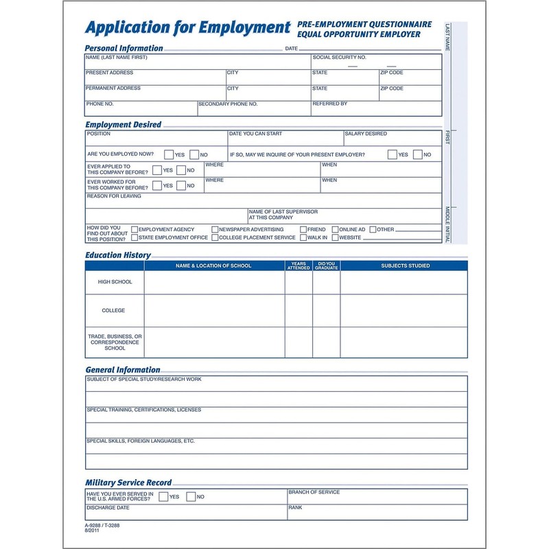 TOPS 3288 Comprehensive Employee Application Form, 8 1/2 x 11