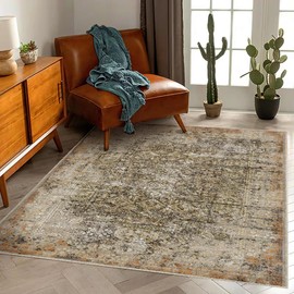 CHAMPLANT 5'x7' Washable Area Rug Vintage Rug Traditional Floor Cover Foldable Thin Rug Kitchen Accent Rug Indoor Distressed Non Slip Carpet Floral Print Mat Bedroom Living Room Bathroom
