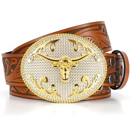 SANSTHS Cowboy Belts for Men Women, Western Leather Belt with Big Buckles Mexican Country Black Longhorn Bull Belt for Jeans, Brown