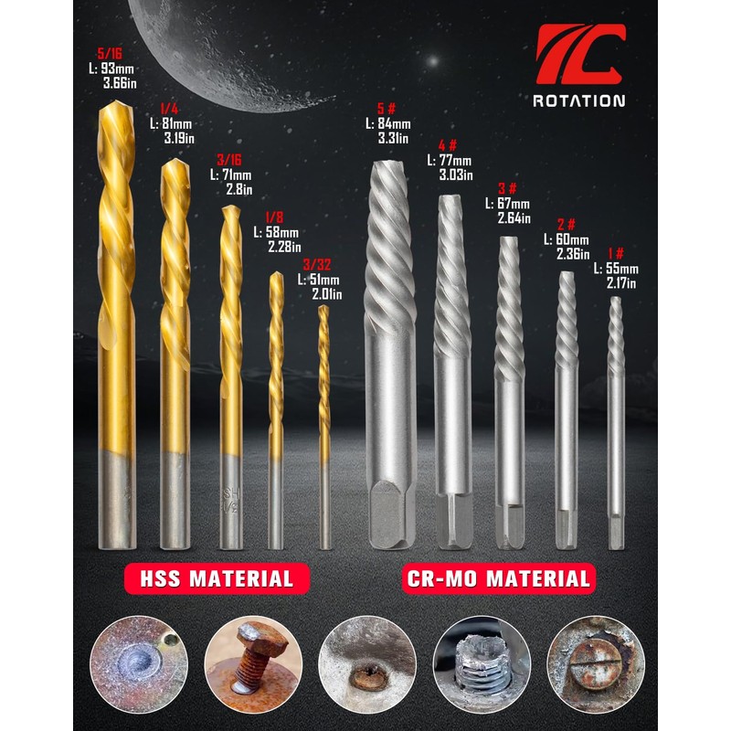 ROTATION 10-Piece Screw Extractor and Drill Bits Set, Bolt Remover