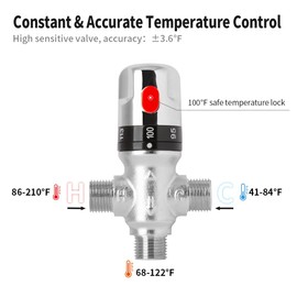 WiseWater Thermostatic Mixing Valve with 3/4 NPT thread, Chrome Plated Brass 3-way Constant Temperature Control Valve Fahrenheit Scale Mark Bathroom Faucet and Shower Water Mixing Valve