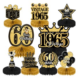 9 Pcs 60th Birthday Decorations For Men Women, Honeycomb Centerpieces For Table Black And Gold Birthday Decorations, Happy Birthday Decorations, Honeycomb Table Topper For Birthday Party Decorations