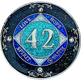 (Years 1-50) NA 42 Year Crystals and Glitter Medallion, Silver Color Plated Coin, Black Rainbow, Blue Glitter and Four Clear Crystals, Epoxy Covered (NA 42 Years Clean Time)