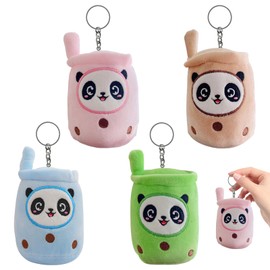 TZQFROCE Bubble Tea Cuddly Toy Key Fob Pack of 4 Key Ring Plush Toys Bubble Tea Plush Toy Bubble Tea Pendant with Keyring for Children Birthday Party Gifts