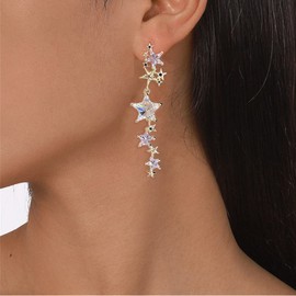 Crystal Long Star Dangle Earrings for Women Girls 925 Sterling Silver Post Pin 14K Gold Plated Shiny Tassel CZ Stars Celestial Charms Drop Dangle Stud Lightweight Fashion Birthday Wedding Party Jewelry Gifts (Gold)