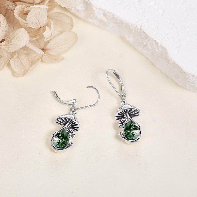 Mushroom Earrings Sterling Silver Moonstone/Moss Agate Mushroom Dangle Earrings Mushroom