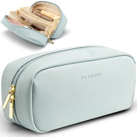 Vlando Travel Makeup Bag,Purse Leather Cosmetic Bags for Women, Waterproof Portable Zipper MakeUp Pouch Bag with Divider,Blue