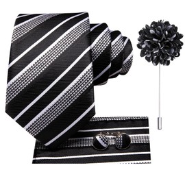 Hi-Tie Men Tie Flower Lapel Pin Set Jacquard Woven Silk Necktie Handkerchief Cufflinks Wedding Party,Black White Stripe