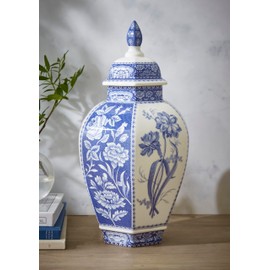 Spode Blue Italian Porcelain Vase - 15.5 Inch Statement Jar with Floral Motifs & Lid - Blue & White Classic European Style for Home Centerpieces & Decorative Accents, Ideal Wedding Gift