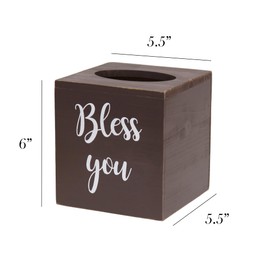 Elegant Designs HG2024-BRW Decorix Farmhouse Square Wood Decorative Tissue Box Cover w Bless You White Script & Sliding Base for Vanity, Bathroom, Bedroom, Livingroom, Office, Desk, Table, Brown