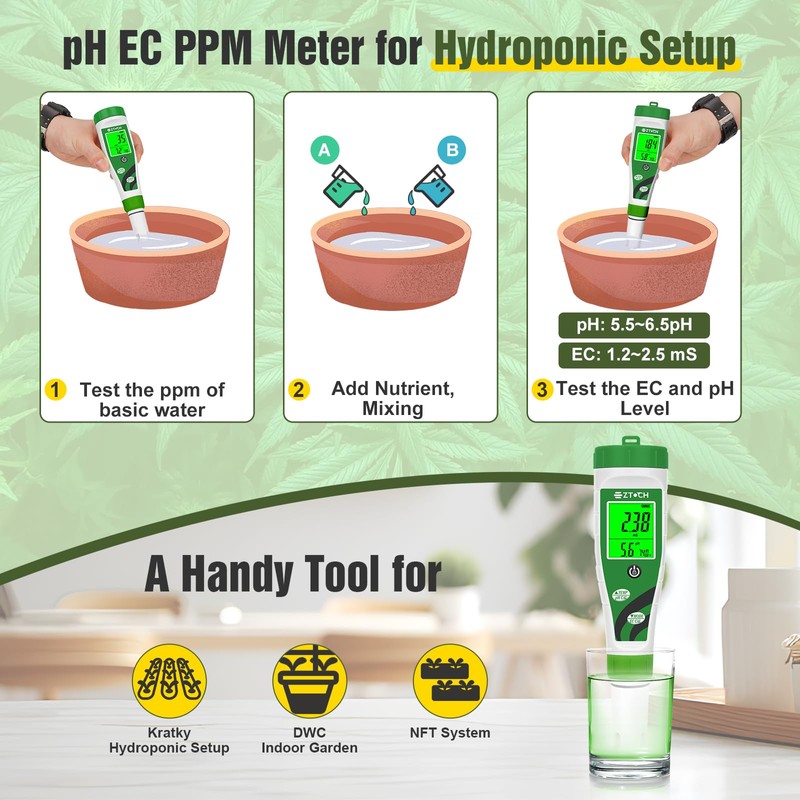 EZTOCH Hydroponic pH EC Meter, Water pH TDS PPM Meter