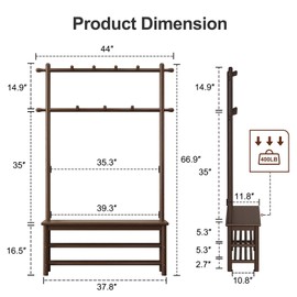 AQIMUELE Hall Tree, Coat Rack with Shoe Storage, Wooden Hall Tree with Bench, 11 Hooks and 2-Tier Storage Shelves, Entryway Bench with Coat Rack (39.3" - Deep Walnut)