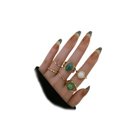Rrdaily Stackable Gold Rhinestone Rings Set for Women Vintage Natural Gemstone Knuckle Rings Lucky Thumb Joint Finger Rings Jewelry Accessories (Green)