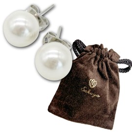 Sakuya Women's Shell Pearl Earrings, 0.24, 0.3, 0.3, 0.4 inches (6, 7, 8, 10 mm), Shell Pearl, White with Drawstring Bag, 7 mm, Brass shell pearl Brass, Created Pearl