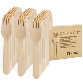 EXZACT Disposable Wooden Forks Pack of 150 - Recyclable - Party Wooden Cutlery Forks x 150 Camping Travel and BBQ