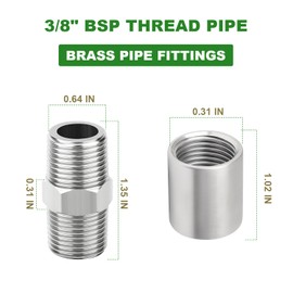 TAISHER 10PCS 304 Stainless Steel Pipe Fitting, Hex Nipple, Coupling, 3/8 x 3/8 BSP Male Thread Pipe, 3/8 x 3/8 BSP Female Thread Pipe