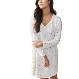 WonderBra Sleep French Terry Drop Sleeve V-Neck Nightgown Sleepshirt, Cream with Grey Stars, XL