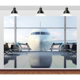 CORFOTO 8x6ft Fabric Airport Airplane Backdrop Photography Plane in Departure Area Airport Terminal Window View Background Plane Themed Birthday Party Decoration Photoshoot Booth Studio Props