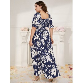 MakeMeChic Women's Plus Size Boho Floral Maxi Dress Curvy Short Sleeve Shirred Squared Neck Flomal Long Dress A Multi Blue 2XL