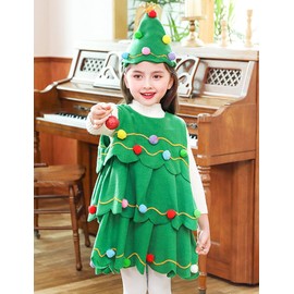 FANCYINN Girls Christmas Tree Dress Role Play Costume Sleeveless Elf Lil Outfit Dresses with Hat Xmas Outfits 130