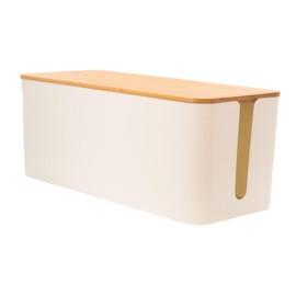 Intirilife Cable Box with Bamboo Lid in White - 32 x 13.6 x 12.7 cm - Cable Management Box, Organiser for Hiding Cables and Power Strips