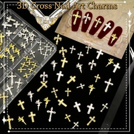 RODAKY 90Pcs Cross Nail Charms Gold Silver Crosses Charm for Nails 3D Charms with Rhinestone Pearl Metal Luxury Nail Art Jewelry Sparkling DIY Accessories Manicures Design