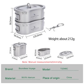 iBasingo Ti2046C Titanium Pots Cup Set Kidney Shaped Camping Canteen Measuring Kit with Folding Handle & Hanging Ring Ultralight Picnic Bowl Cookware Cooking Set for Outdoor Hiking Backpacking