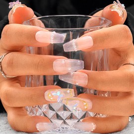 Sethexy Blue Rhinestone Handmade Fake Nail Tips Long Coffin Press on Nails Glitter False Nail with Design Arcylic Nail with Glue for Women and Girls 10PCS (36, L)