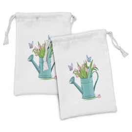 Ambesonne Floral Fabric Pouch Set of 2, Bouquet of Tulips in Watering Can with Cartoon Style Butterflies Gardening Theme, Small Drawstring Bag for Toiletries Masks and Favors, 9" x 6", Multicolor