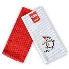 YOGAN Christmas Tea Towels (Pack of 2) | 100% Cotton | Waffle Weave | Super Soft | Super Absorbent | Lint Free | 45 x 70 cm (Christmas Penguin)