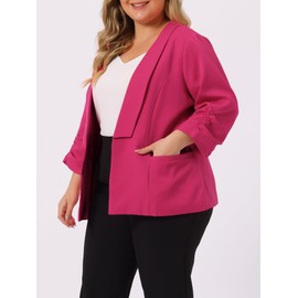 uxcell Women's Plus Size Blazers Shawl Collar Open Front 3/4 Ruched Sleeve Work Office Lightweight Blazers 2X Hot Pink