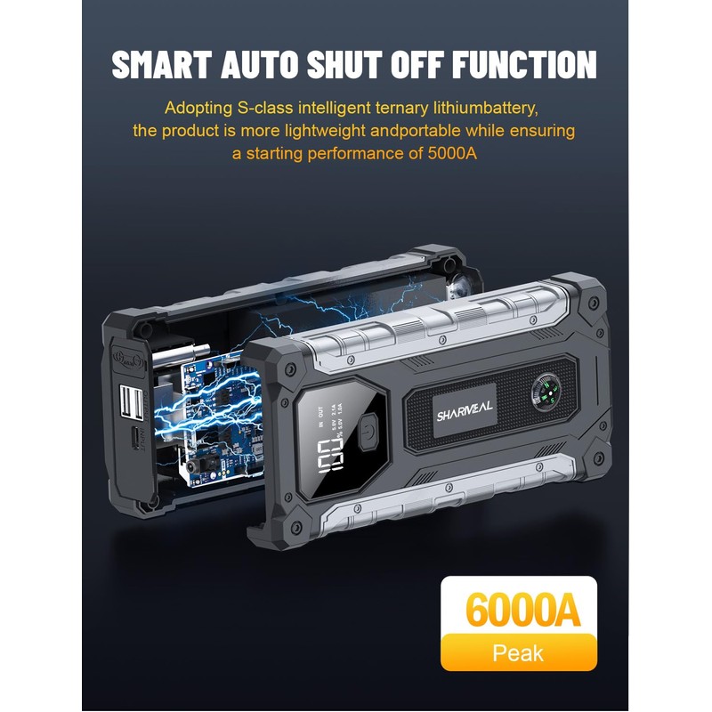 Sharmeal Car Battery Jump Starter 6000A, Jump Starter Battery Pack