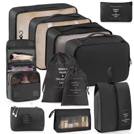 Anjing Packing Cubes for Suitcase 11PCS Luggage Packing Organizers Travel Essentials Luggage Organizer Hooked Toiletry Bag Cosmetic Bag and Shoes Bag, Black