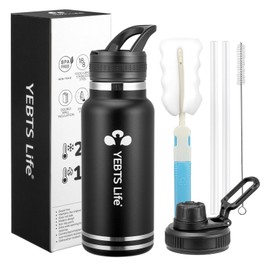 Insulated Water Bottle With Straw,32 oz Vacuum Insulated Stainless Steel Sports Water Flask with 2 Lids & 2 Straws,Keeps Cold and Hot,Metal Water Bottle Wide Mouth for Gym Travel Camping(Black)