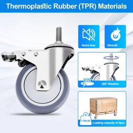 Fixhando 4 Inch Stainless Steel Caster Wheels with Threaded Stem 1/2"-13x1-1/2“ Without Nut, Locking Casters Set of 4, Silent Non-Marking TPR Rubber Wheels for Furniture,Labs,Hospitals,Restaurant